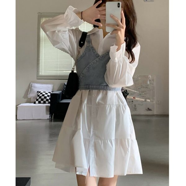 Women Sweet Elegant Mini Shirt Dress + Jean Vest 2023 Summer Fashion Outfits