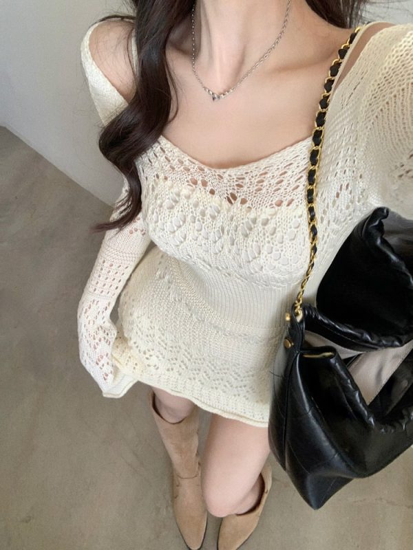 Women Autumn Elegant Knitted Dress Long Sleeve Lace Short Party Dress