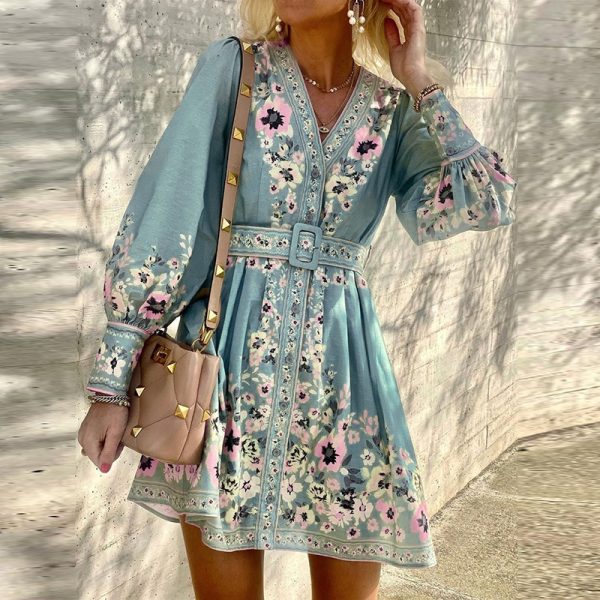 Bohemian Dress Women Floral Print Long Sleeves Belt For Dress