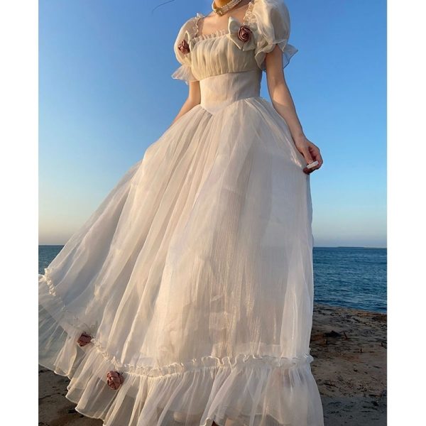 Women French White Princess Dress summer bow mid-length Dress