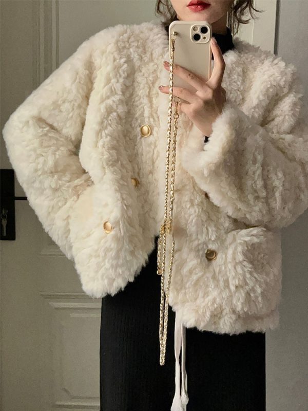 Women Button Chic Elegant Lambswool Faux Fur Jackets 2023 Spring Fashion Outfits