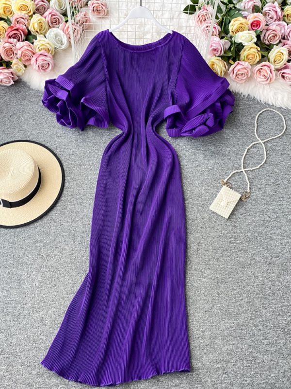 Women Casual Round Neck Flare Short Sleeve Pleated Maxi Dress 2023 Summer Fashion Outfits