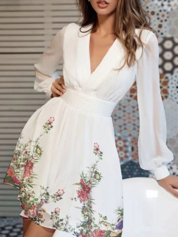 Women Floral Print Long Sleeve V Neck Casual Dress 2023 Summer Fashion Outfits Trends