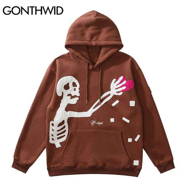 Hip Hop Streetwear Hoodie Sweatshirt Skeleton Patch Fleece Hooded Spring Outfits