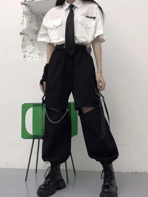 Gothic Streetwear Women's Cargo Pants with Chain Punk Techwear Black Oversize Korean Fashion Wide Leg Trousers