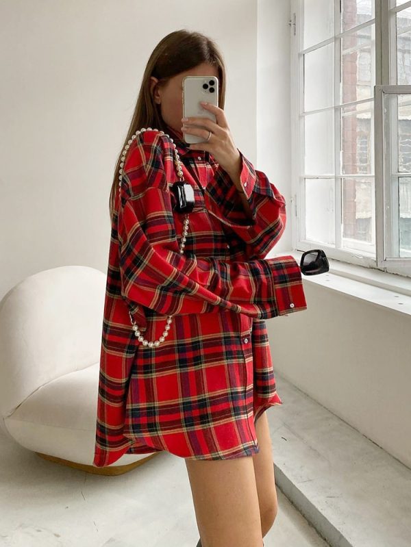 Women Bright Gingham Oversized Blouses 2023 Autumn Fashion Outfits Trends