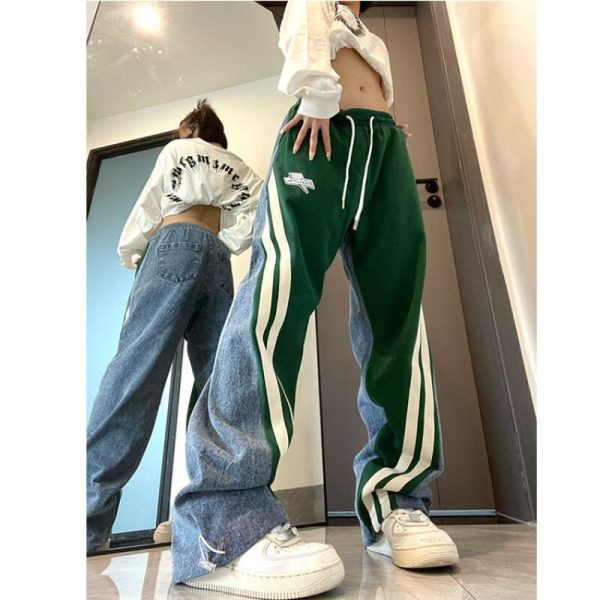 Women New Color Blocking Casual Jeans High Street Loose Street Hip Hop High Waist Jeans