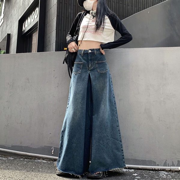 Women Oversized Vintage High Waist Jeans High Street Loose Frayed Wide Leg Jeans