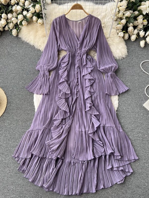 Women Purple/Brown/Red Chiffon Pleated Maxi Dress 2023 Spring Summer Outfits