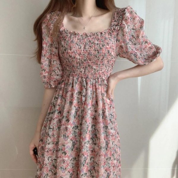 Women Floral Chiffon Dress Sweet Puff Sleeve Empire Vintage