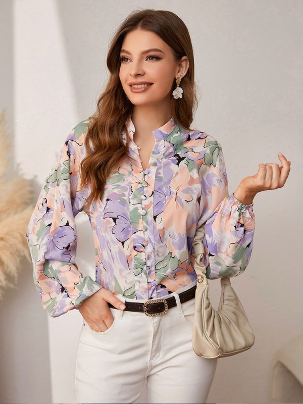 Shopshive Holiday Buttons Lantern Sleeves Printed Shirt 2023 Summer Fashion Outfits Trends