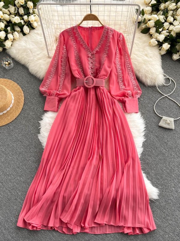 Women Lace Patchwork Pleated Chiffon Maxi Dress 2023 Summer Fashion Outfits