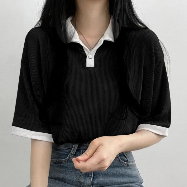 Women's Lapel Pullover Loose Top Fake Two Piece