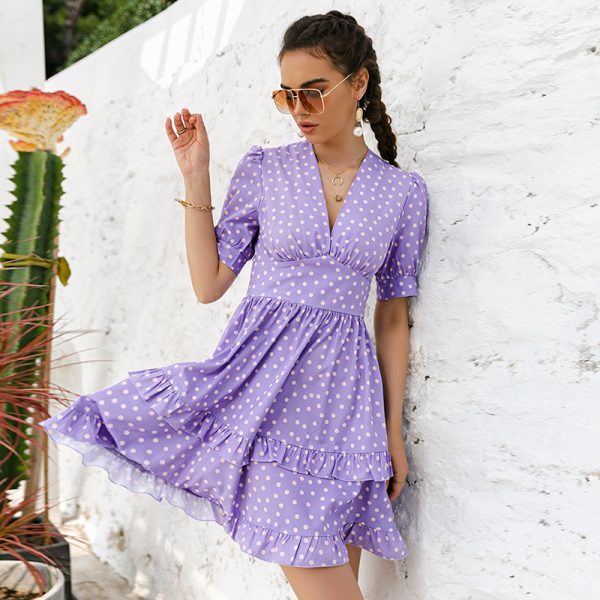 Purple v-neck polka-dot Short Dress Puff sleeve A-line High Waist Short Sleeve Dress Sexy Sweet Sashion Summer Dress