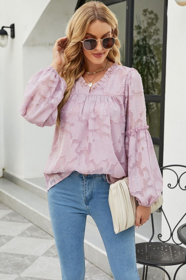 Autumn Women Clothing Floral Texture Lantern Sleeve Shirt V-neck Chiffon Top