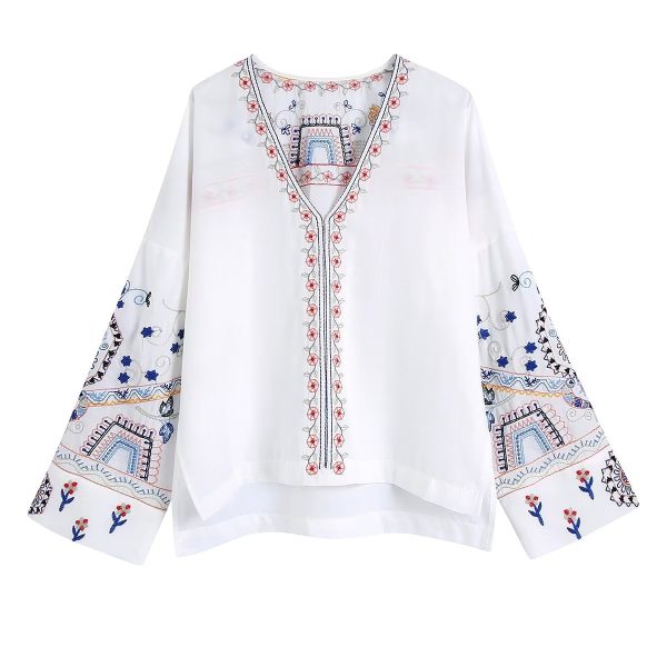 Autumn Women Clothing Long Sleeve V neck Embroidered Blouse Shirt