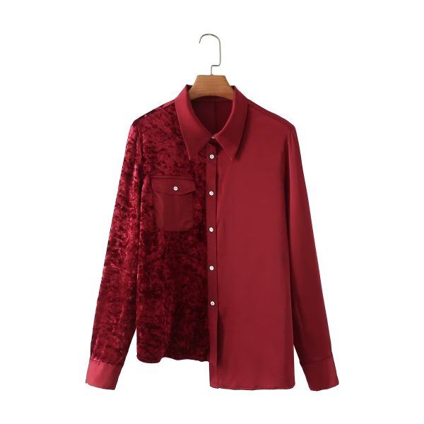 Autumn Women Long Sleeved Velvet Satin Stitching Shirt