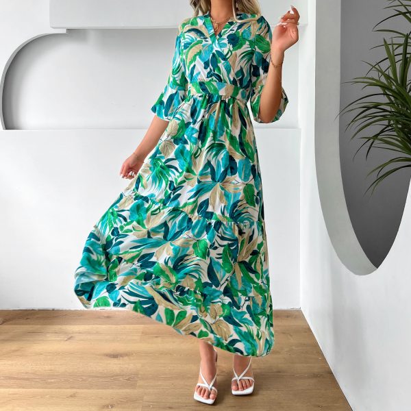 Women  Clothing Floral Dress Bell Sleeve Vacation Dress