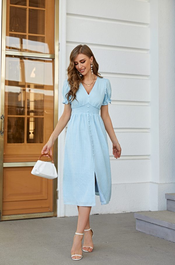 Women Summer Puff Sleeve V Neck Solid Elegant Regular Daily Midi A Line Dress Split Dress