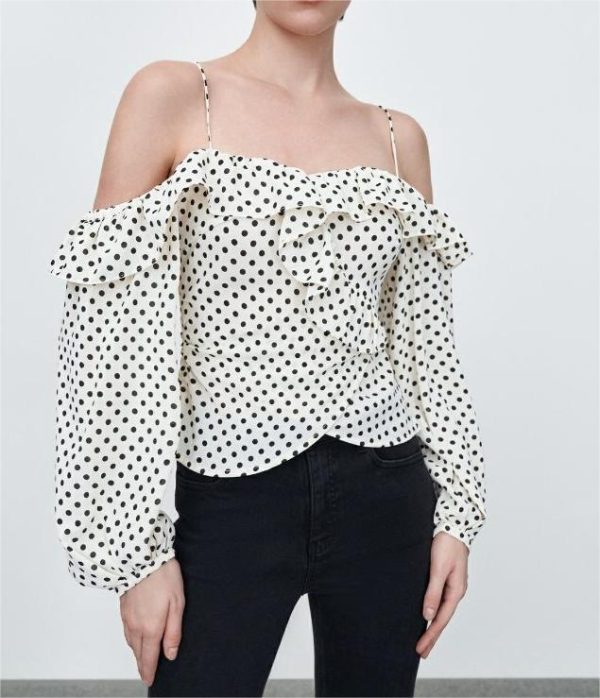 Autumn Urban Casual Korean Women  Polka Dot Pullover Boat Neck off the Shoulder Strap Shirt