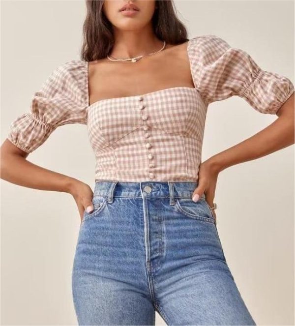 Early Autumn Women Clothing Plaid Printed Pleated Slim Fit Short Sleeve Shirt Top