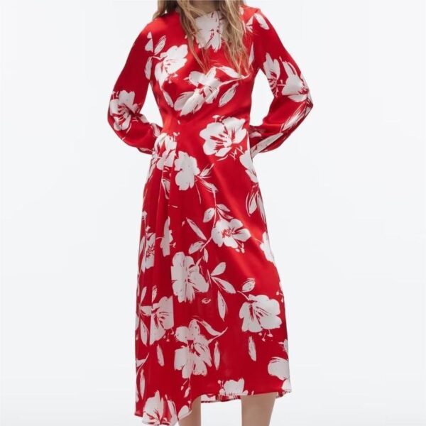 Women Clothing Sweet Western Slimming  Round Neck Long Sleeve Floral Print Dress