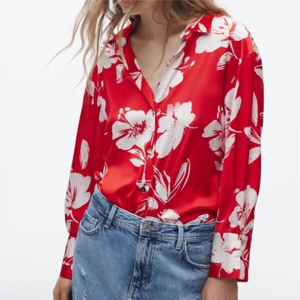 Spring Summer Women Silk Satin Texture Button Decoration Red Floral Print Shirt