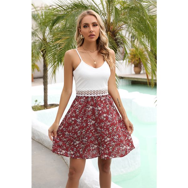 Women Summer V Neck Vacation Lattice Trim Patchwork Backless Cami Dress