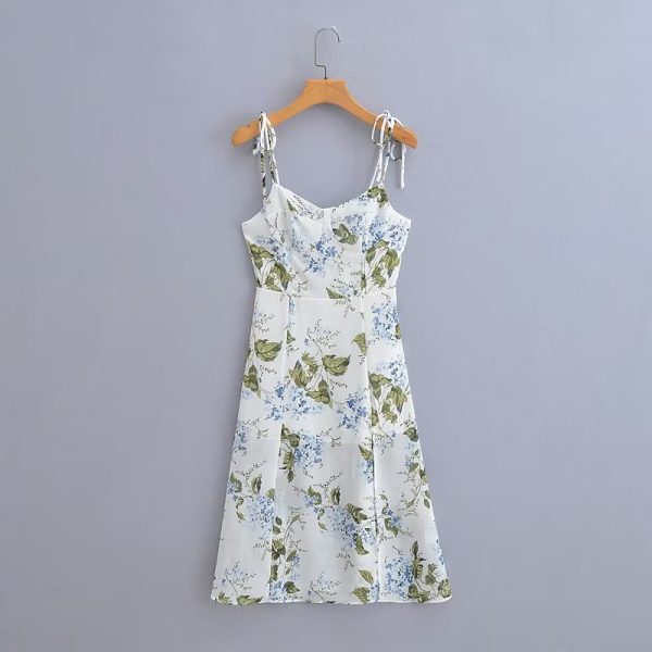 French Fresh Floral Slip Dress Women Summer Elastic Dress after Tied High Waist