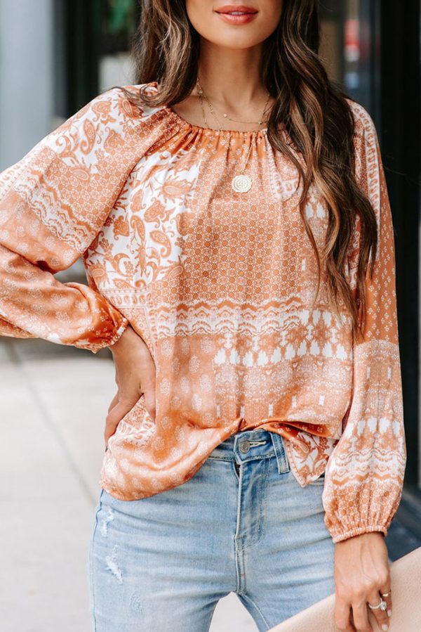 Women Orange Boho Printed Drawstring Round Neck Blouse