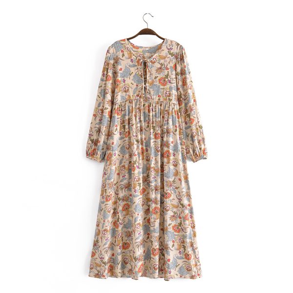 Spring WomenClothing Rayon Positioning Printing Long Sleeve Dress