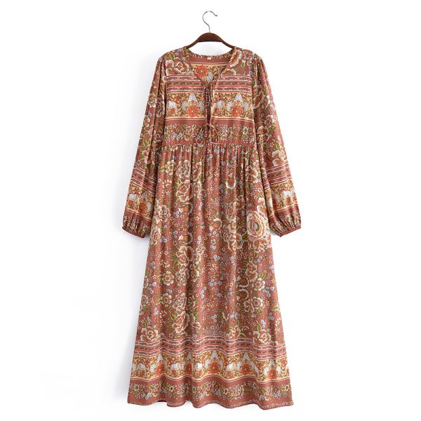 Spring Summer Bohemian Vacation Rayon Positioning Long Sleeve Dress