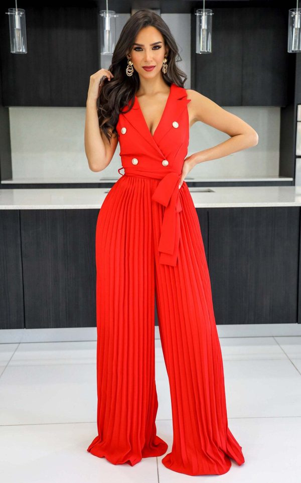 Spring Summer V neck Sleeveless Backless Elegant Street Pleated Wide Leg Jumpsuit