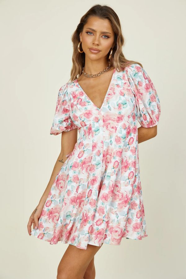 Women  Spring and Summer New Short Sleeved V neck Printed Dress