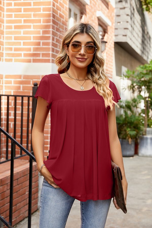 Short Sleeve Mesh Top Pleated Loose Elegant Breathable Chiffon Shirt