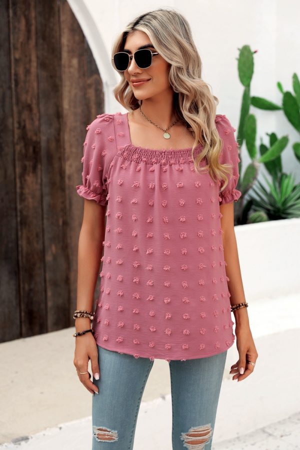 Women Clothing Spring Summer Chiffon Big Fur Ball Short Sleeved Shirt Square Collar Pleated Shirt