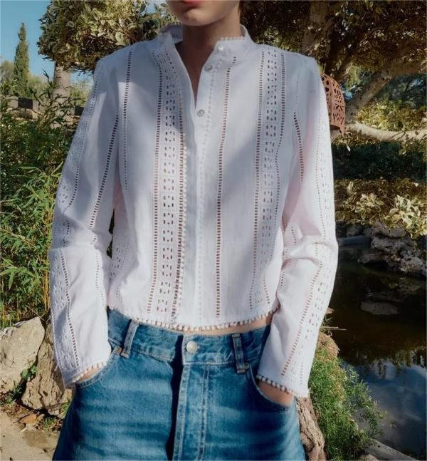 Summer Women  White round Neck Long Sleeve Hollow Out Cutout Embroidery Tassel Hem Shirt