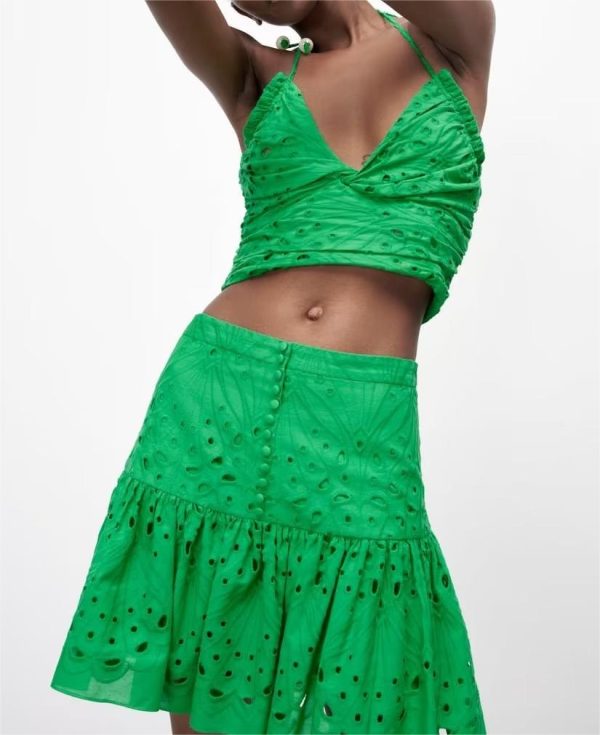 Women Clothing   Embroidered Laminated Decoration Green Skirt