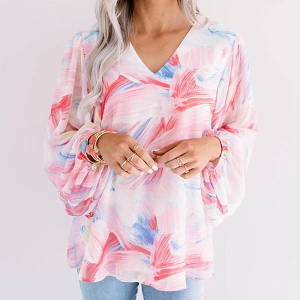 Summer Women Clothing Long Sleeve V neck Printed Chiffon Shirt Top