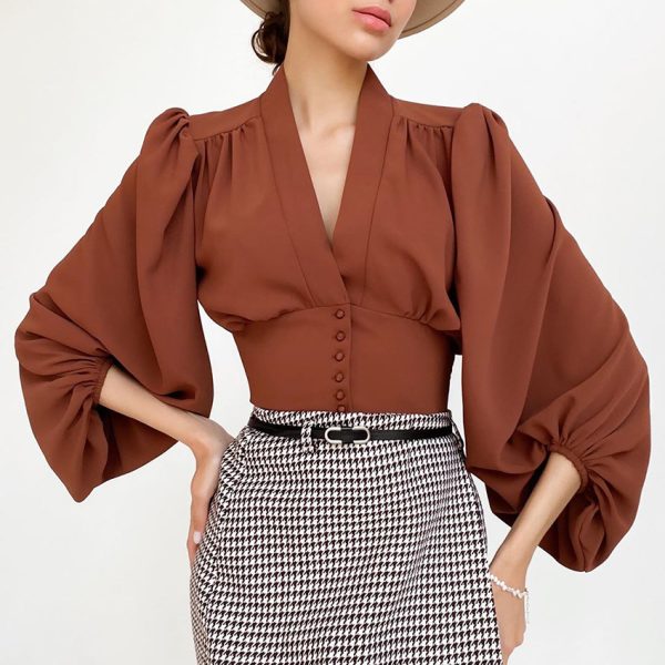 Spring Summer French V neck Women Shirt Court Elegant Lantern Slim fit Long Shirt Puff Sleeve