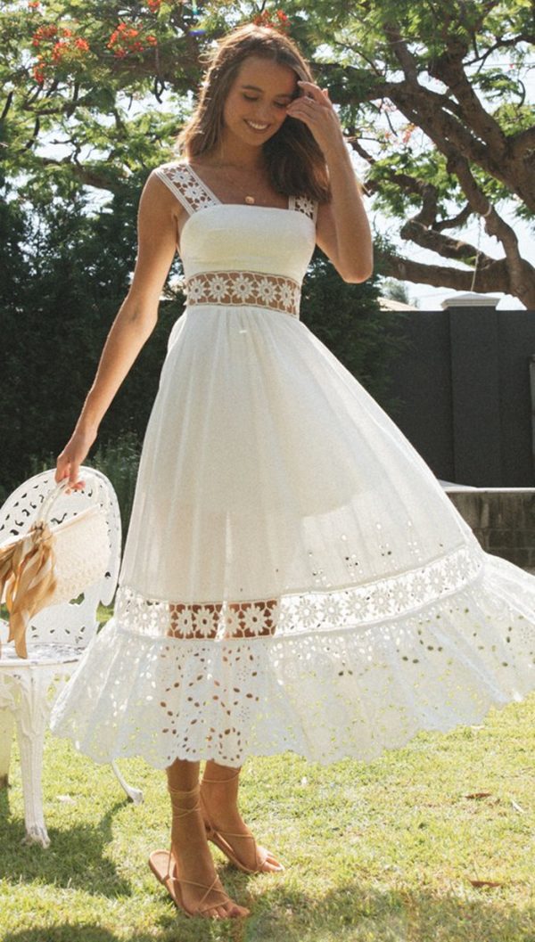 Spring Summer Women Clothing Long  Lace Stitching Big Swing Dress