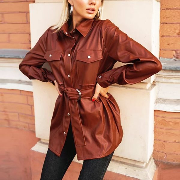 Vintage Faux Leather Women Shirts With Belt Causal Turn-down Collar Blouse Shirt Autumn Winter Chic Pocket Shirt Tops