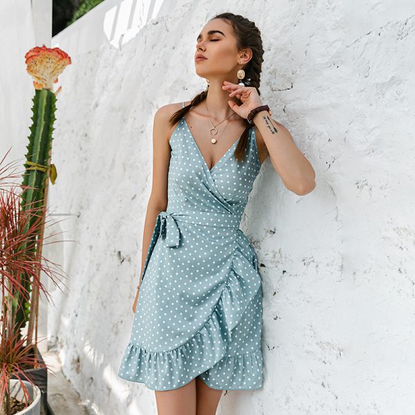 Spring Summer Ruffled Strap Dress Woman Green Boho Polka Dot Pattern Mini Dress High Waist Holiday Dress For Ladies