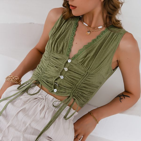 Sexy Green Deep V-Neck Sling Women Short Tops Summer Drawstring Button Vest Nightclub Outfits Women Tanks