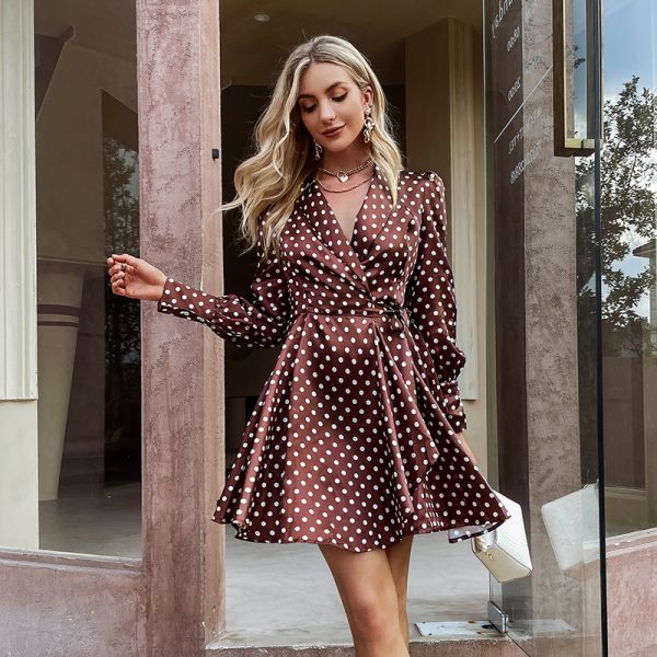 Elegant polka dot v-neck lantern sleeves wrap women dress Office lady A-line lace up mini dresses Women split vestidos