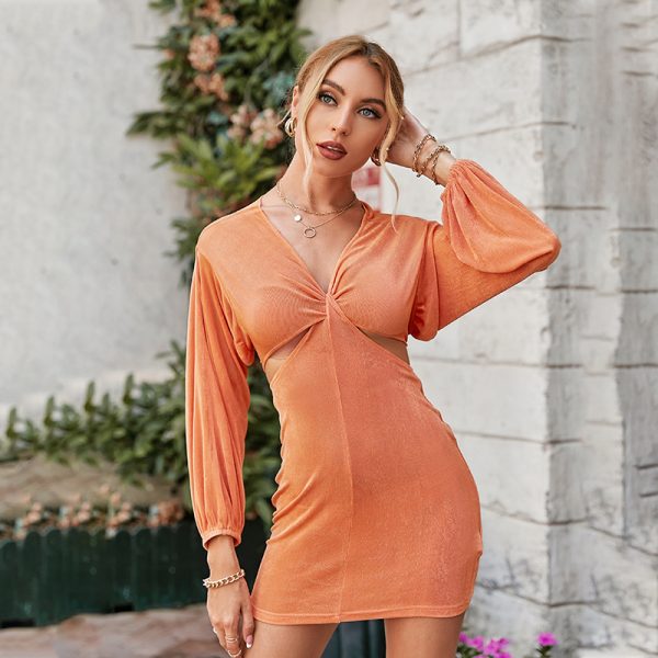 Sexy Hollow Out Cutout Out Knot Slim Party Mini Dress Women Elegant V-Neck Lantern Long Sleeve Women Dresses Sheath Solid Vestidos