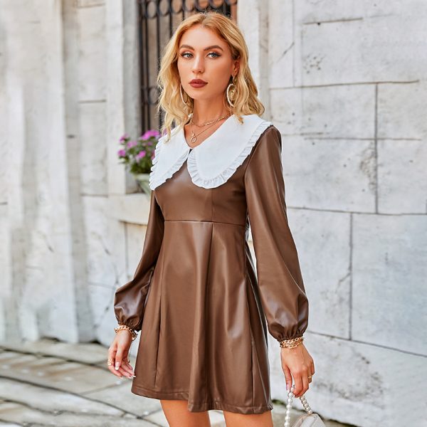 Vintage Peter Pan Collar Leather Patchwork Lantern Sleeves Dress Women High Waist Ruffle Mini Dress Solid A-Line Vestido