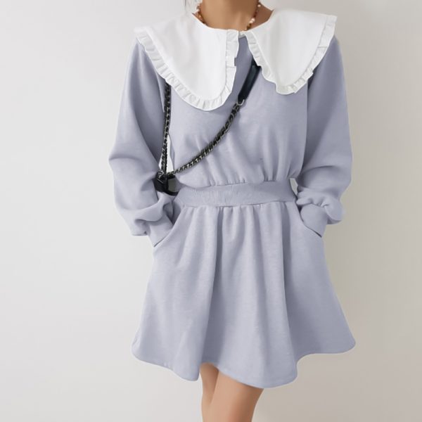 Vintage Ruffle Peter Pan Collar Pocket Long Sleeves Mini Dress Women Elastic A-Line Hoodie Dresses Solid Autumn Vestidos