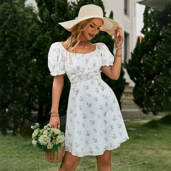 Women Square Neck Crinkle Floral Print Mini Dress High Waist Cover Up Summer Boho Short Sundress