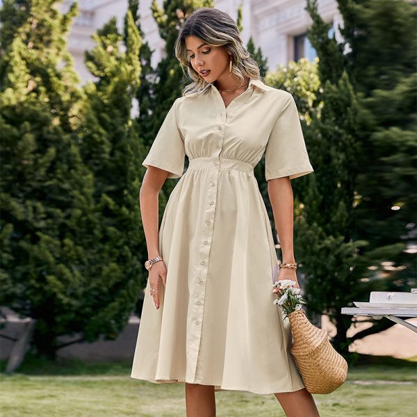 Office Buttons Hollow Out Cutout Out Short Sleeve Shirt Dress Summer Holiday High Waist Women Dresses A-Line Elastic Maxi Vestidos